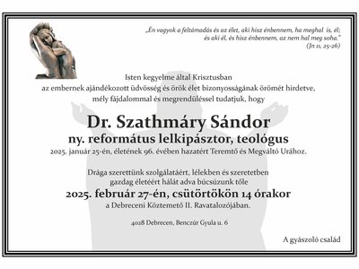 Dr. Szathmáry Sándor - gyászjelentés