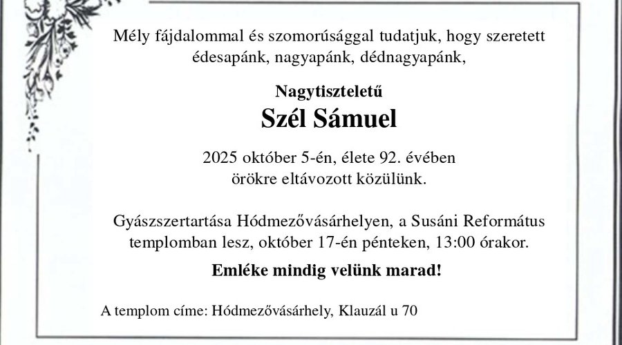 Gyászjelentés, Szél Sámuel 2025.10.09.