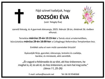 Gyászjelentés Bozsóki Éva