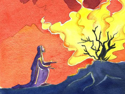 Mózes és az égő csipkebokor. Fotó (ez a szöveg kerüljön mindig ki): Illustration by Elizabeth Wang, R-60038-CW-V2, ‘Moses and the Burning Bush’, copyright © Radiant Light 2006, www.radiantlight.org.uk