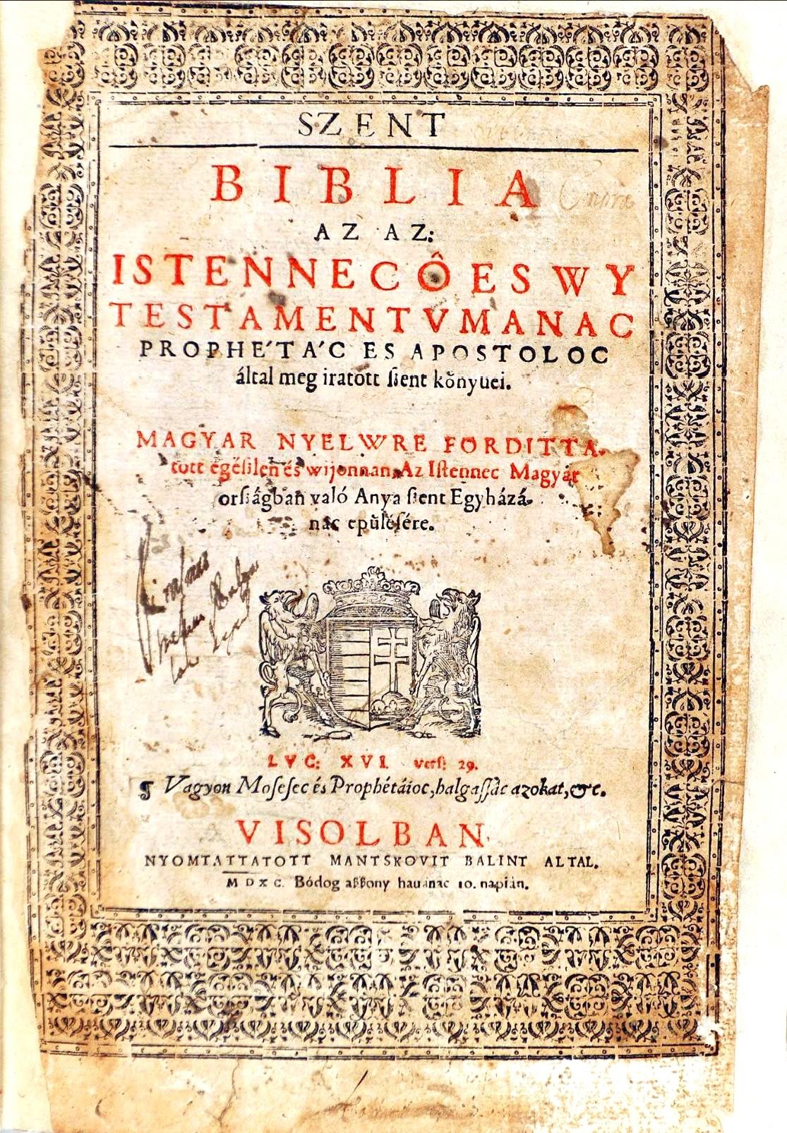 A Vizsolyi Biblia címoldala forrás: Wikipedia