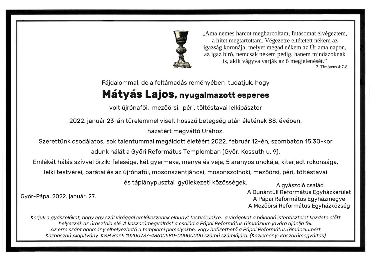 Mátyás Lajos gyászjelentés
