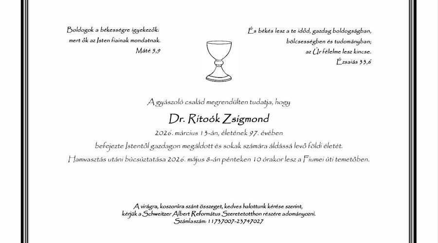 gyászjelentés Ritoók Zsigmond 2026