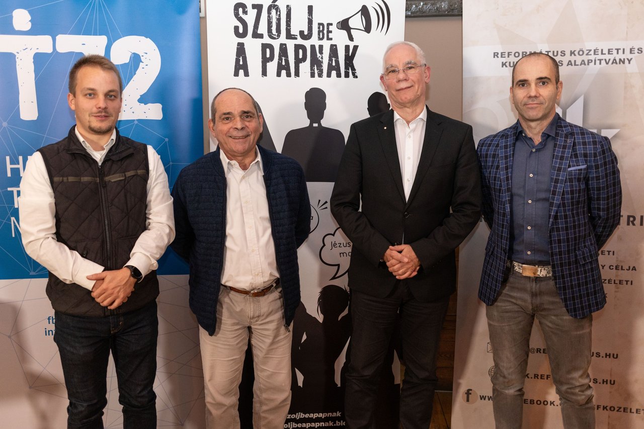 Zila Gábor, Fazekas György, Balog Zoltán, Kovács András Péter. Szólj be a papnak- függőség - 2023. december 4. - Fotó: Hurta Hajnalka