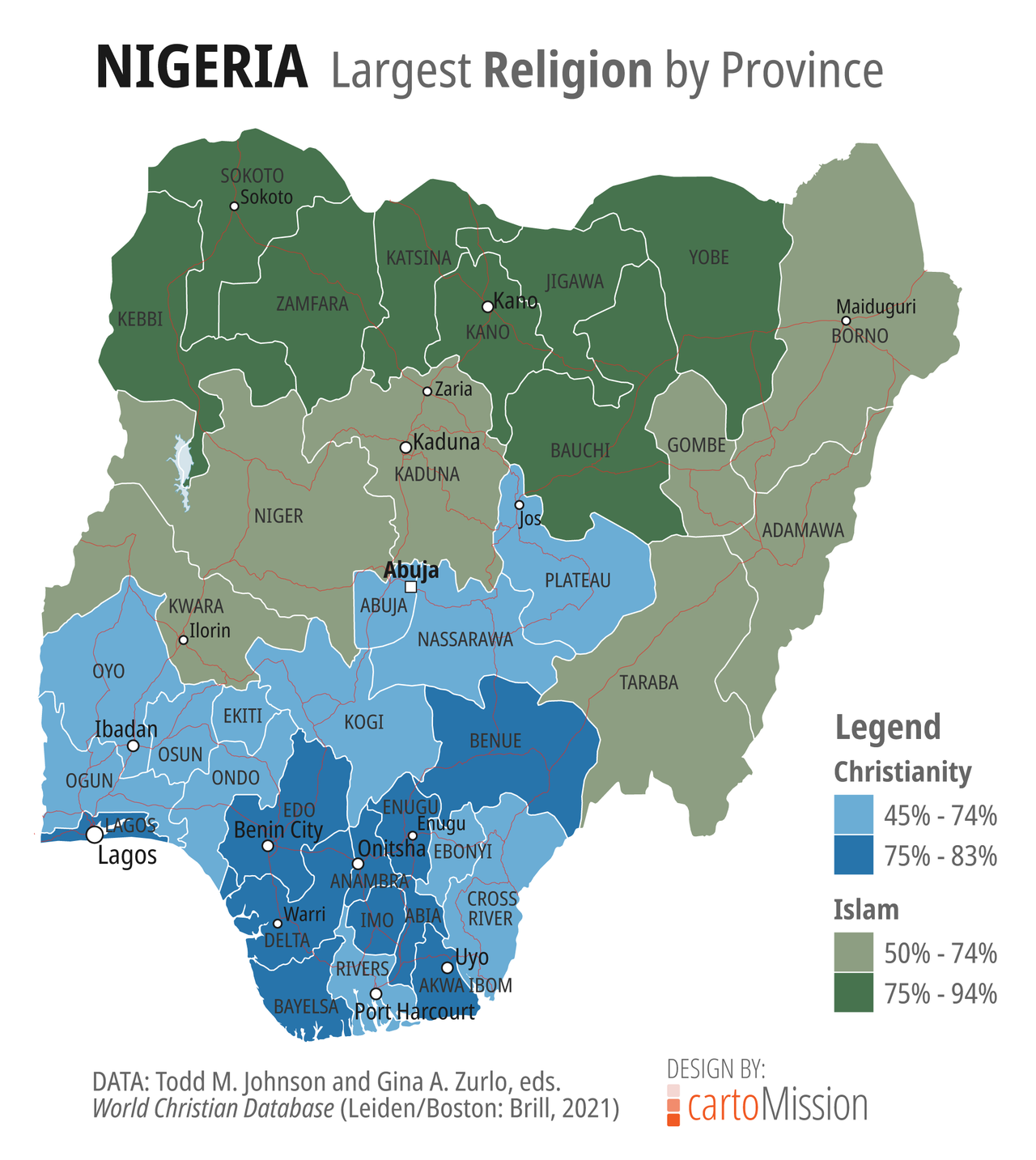 Nigéria vallási megoszlások - Forrás: Cartomission
