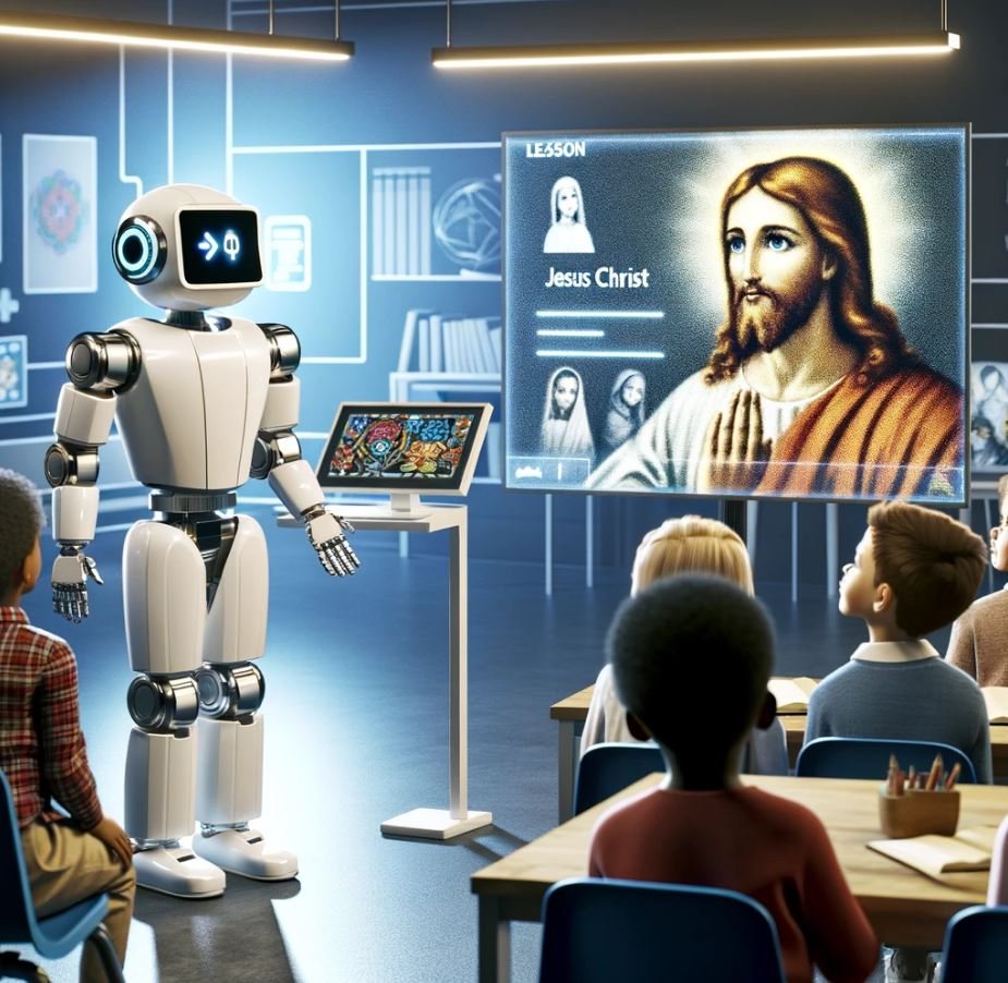 Egy robot tanít Jézusról gyerekeket - Forrás: ChatGPT/DALL-E - (Ulicza Tamás)